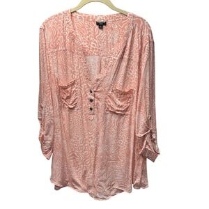 Torrid Harper Peach Animal Print Roll Tab Sleeve Blouse Womens Plus Size 3 3X